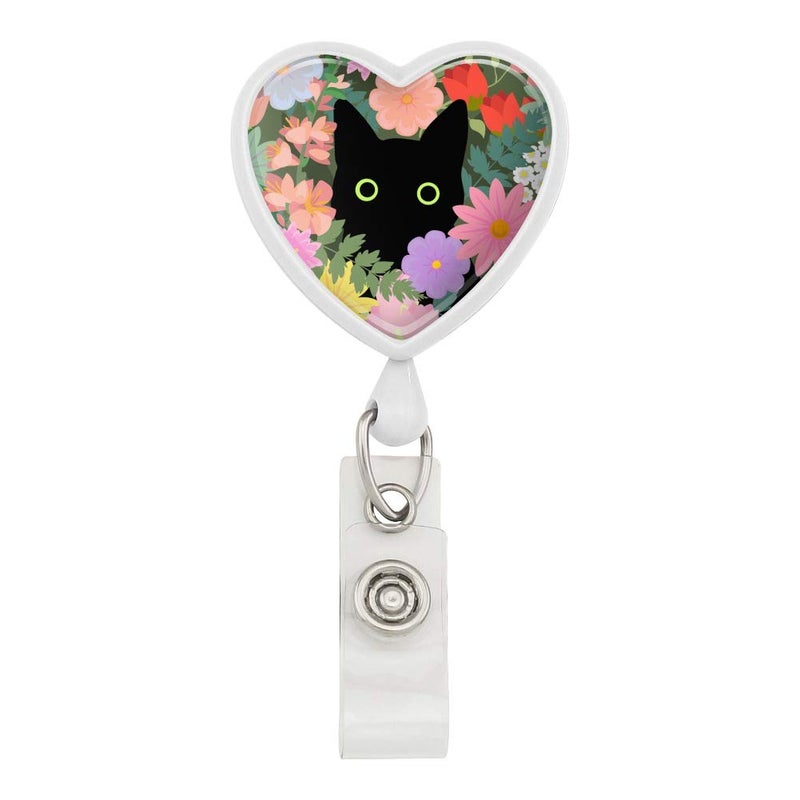 GRAPHICS & MORE Black Cat Hiding in Spring Flowers Heart Lanyard Retractable Reel Badge ID Card Holder - Image 1